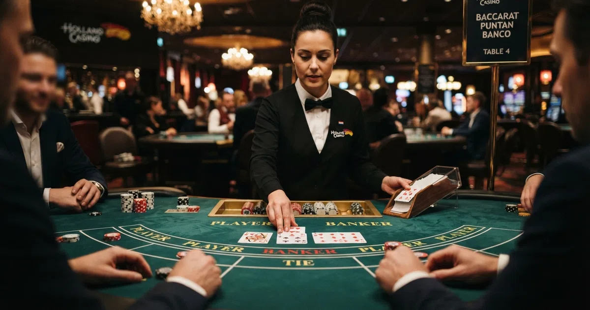 Een live baccarat-tafel met een croupier die kaarten deelt, de baccarat-tafel in beeld met de inzetvakken Player, Banker en Tie zichtbaar