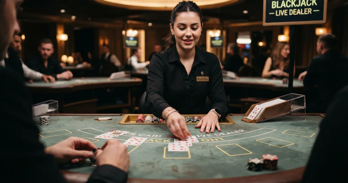 Een live blackjack tafel met een echte croupier die kaarten deelt, gezien vanuit het perspectief van een speler aan een online live casino tafel