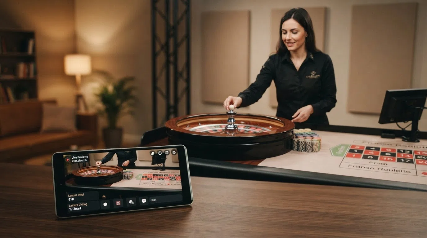 Een live roulettetafel met een Nederlandstalige dealer in actie, de Evolution-logo zichtbaar in de studio-achtergrond, en spelersinterface in het Nederlands