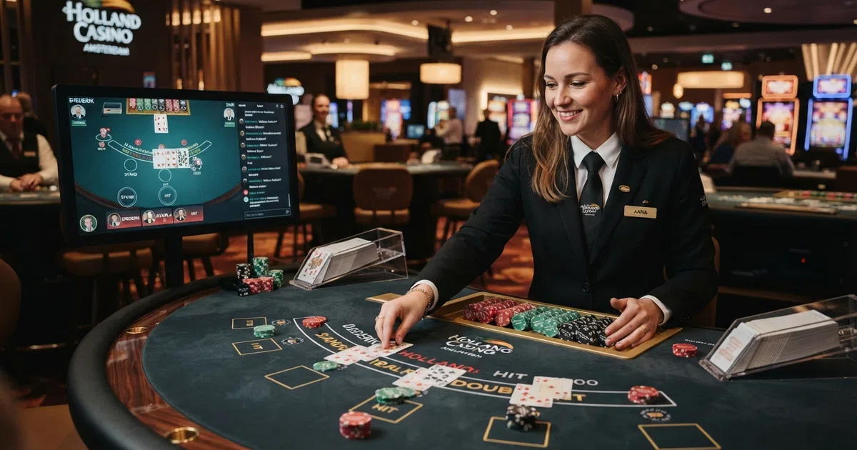Een live dealer aan een blackjacktafel in een casino-studio, met kaarten en fiches in beeld, gestreamd naar een digitaal scherm met inzetopties