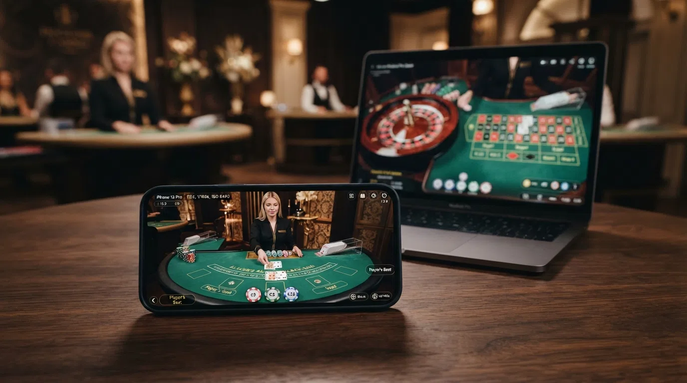 Een collage van live casino-tafels (roulette, blackjack) en slot-titels van Pragmatic Play, Evolution en Stakelogic