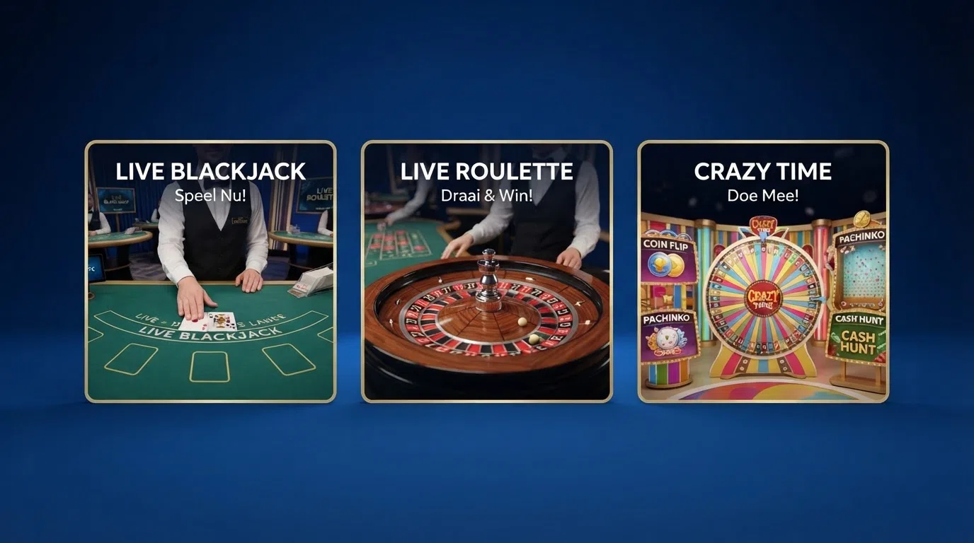 Een overzicht van een live casinolobby op een scherm met tegels voor live blackjack, live roulette en Crazy Time naast elkaar