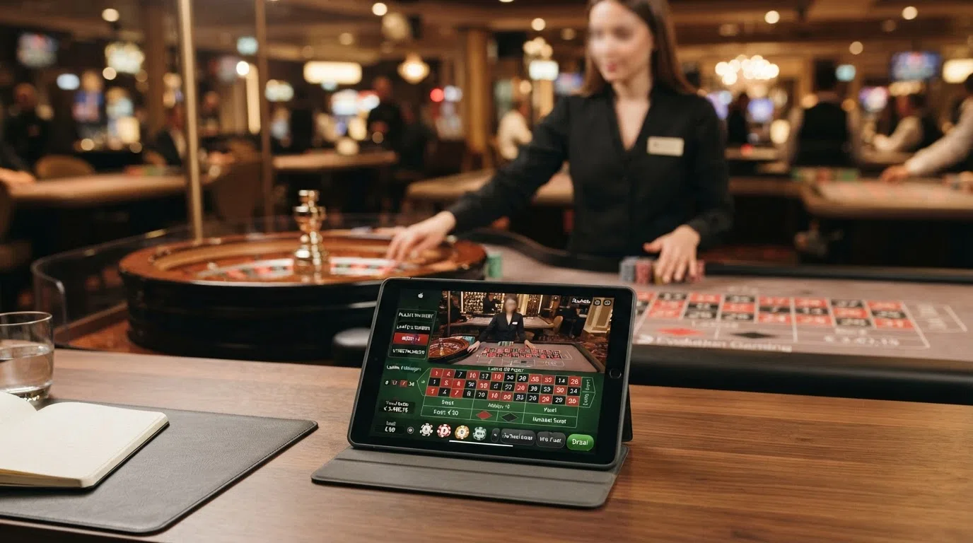 Een live-dealer aan een roulettetafel met zichtbare kaarten en een Nederlands-talige interface op een tablet