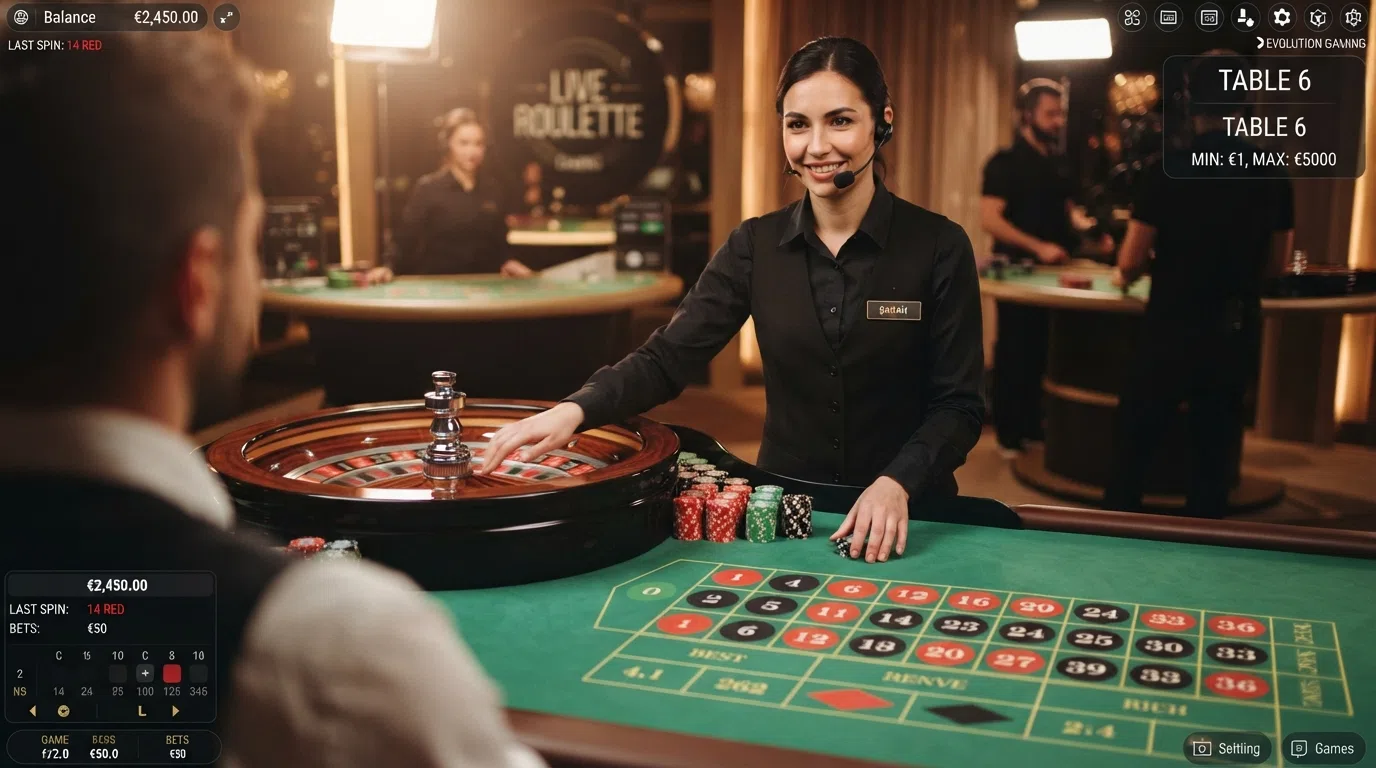 Een live roulette-tafel met een dealer en spelers aan een online casinotafel