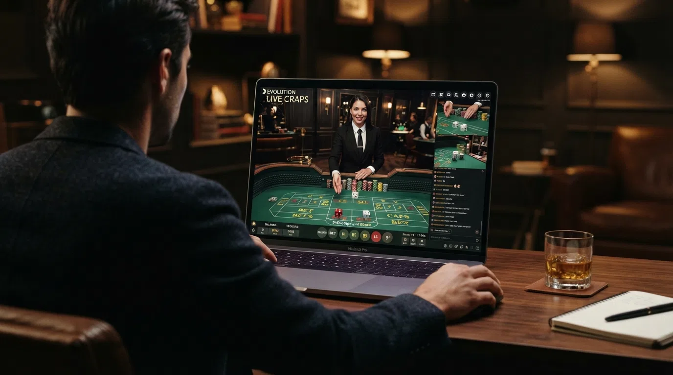 Een still uit de Evolution Live Craps studio: een echte dealer achter een craps tafel in speakeasy-stijl, met meerdere camerahoeken zichtbaar op een schermoverlay zoals de speler die online ziet