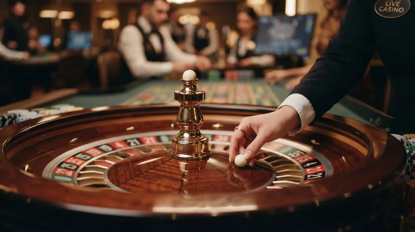 Close-up van een croupier die het roulettewiel draait aan een live casino tafel, met het tafellayout in beeld