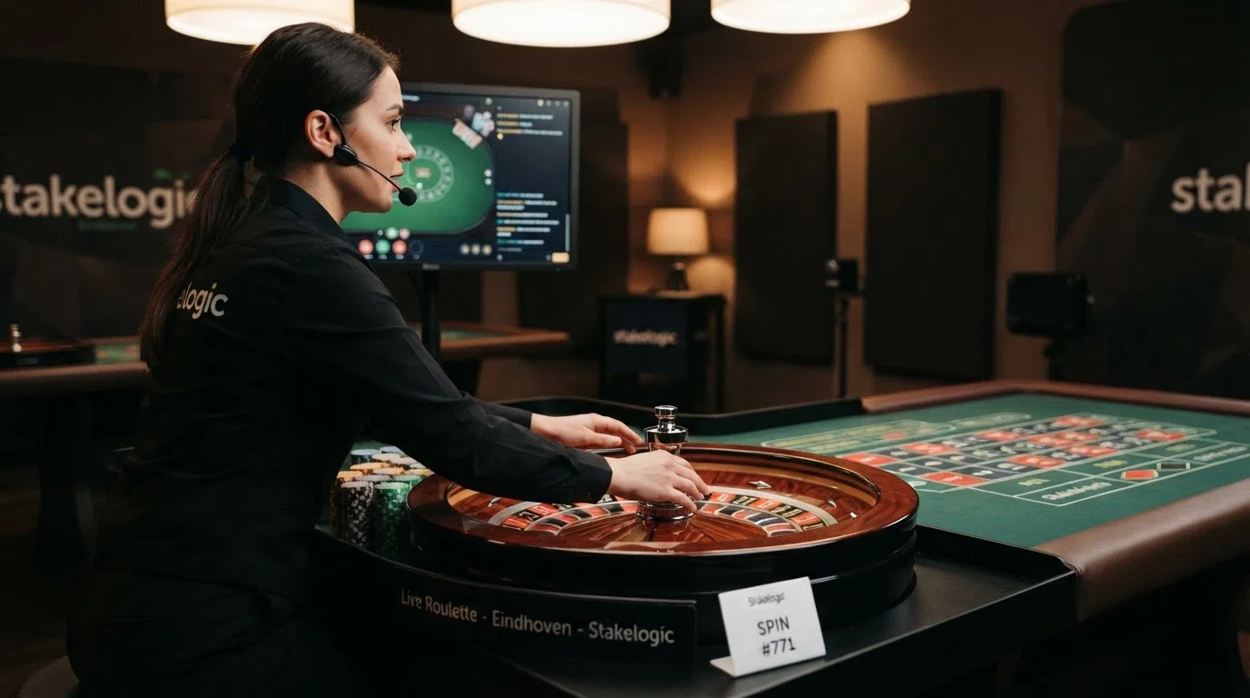 Een live-dealer aan een roulettetafel in een HD-studio met Nederlandstalige overlay op het scherm