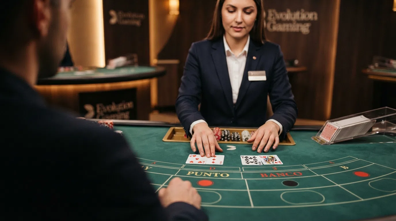 Een dealer in de Evolution Gaming-studio in Scheveningen deelt kaarten aan een Punto Banco-tafel met meerdere spelers aan een live tafel