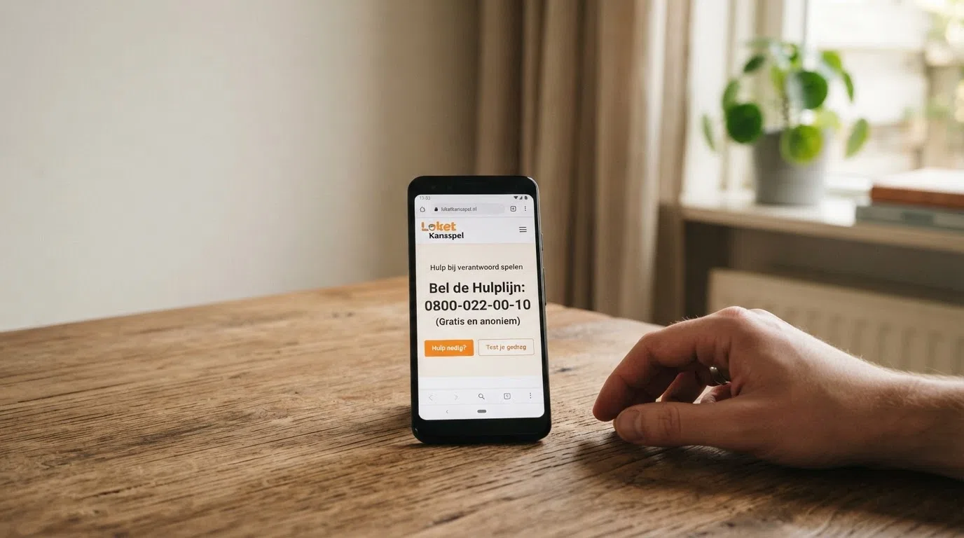 Het scherm van een smartphone toont de homepage van loketkansspel.nl met het telefoonnummer 0800-022-00-10 duidelijk zichtbaar — de telefoon ligt ernaast op een rustige tafel