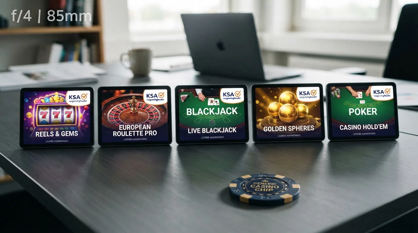 Een overzichtelijke rij van online casino-interface-tegels met het KSA-keurmerk zichtbaar, waaronder de logo's van de besproken operators