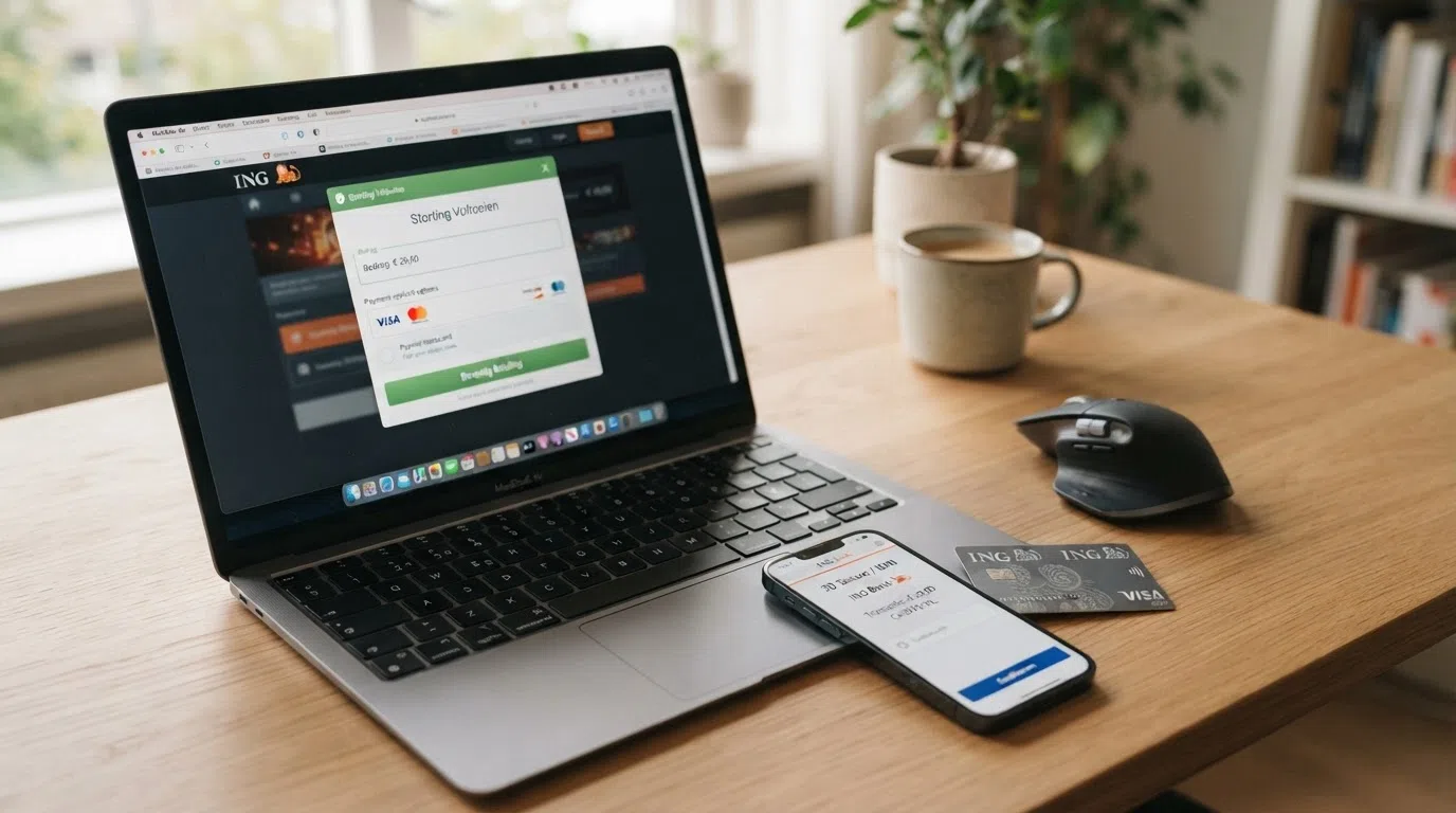 Een close-up van een laptopscherm met het Mastercard-stortingsformulier van een Nederlands online casino, met het ingevulde bedrag van €20 en de 3D Secure-bevestiging op een telefoon ernaast