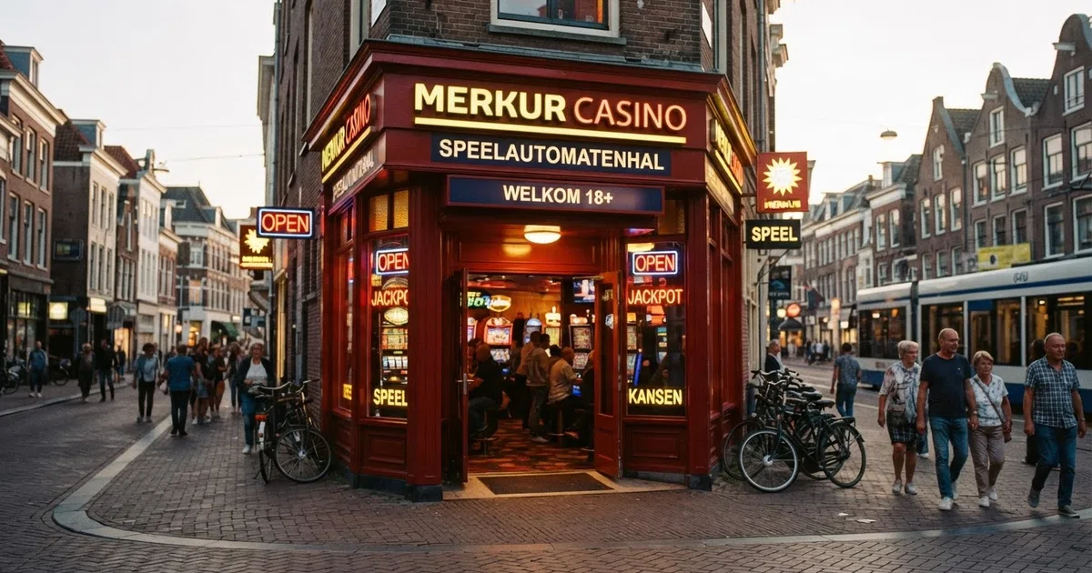 De rode Merkur-gevel van een Nederlands speelautomatenhal met het kenmerkende Merkur-logo