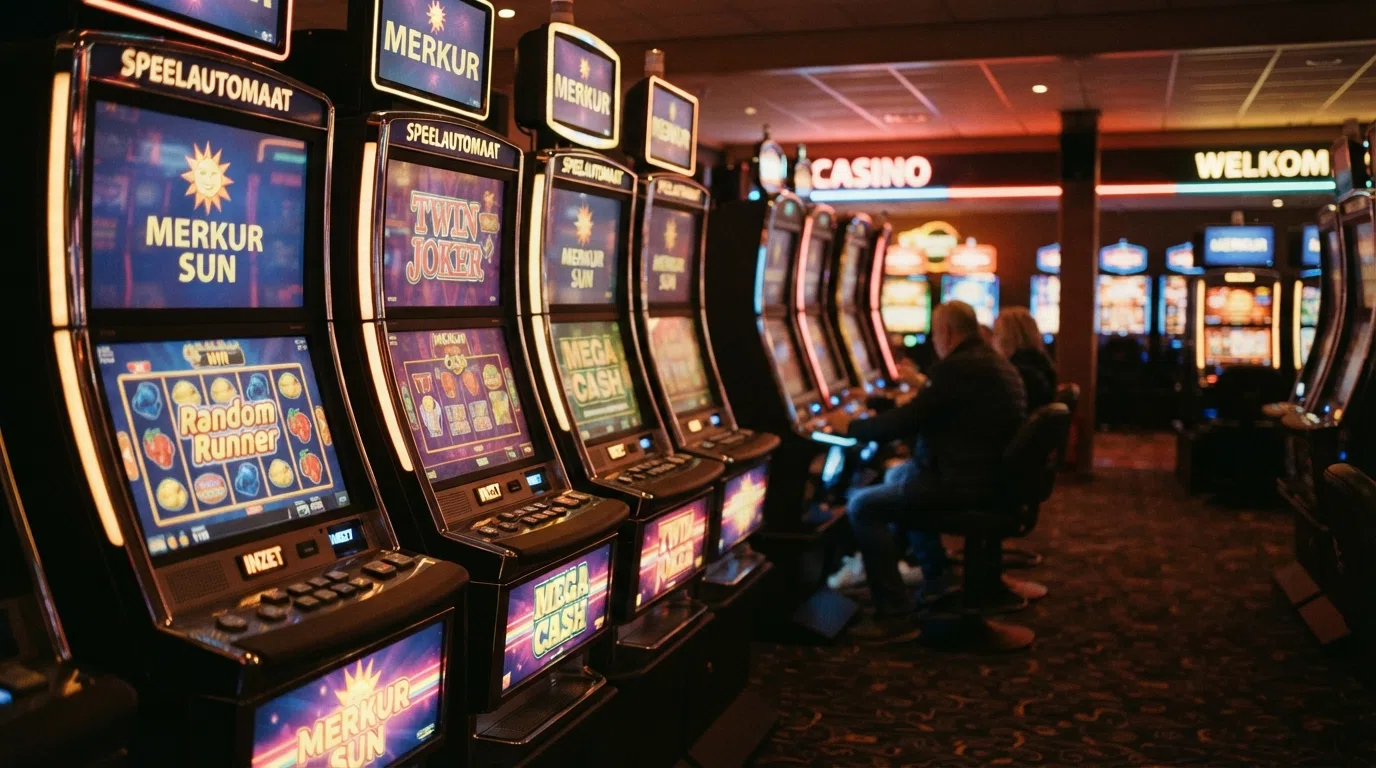 Rijen kleurrijk verlichte speelautomaten in een Merkur Casino vestiging in Nederland