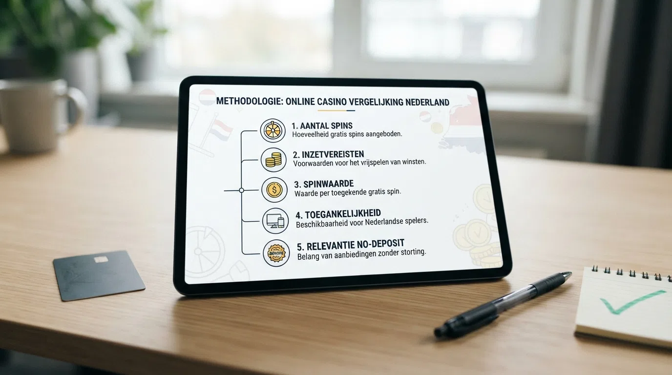 Een schema met de beoordelingscriteria (aantal spins, wagering, spinwaarde, laagdrempeligheid, no-deposit-relevantie) en de gebruikte bronnen (Kansspelwijzer, CasinoNieuws.nl).