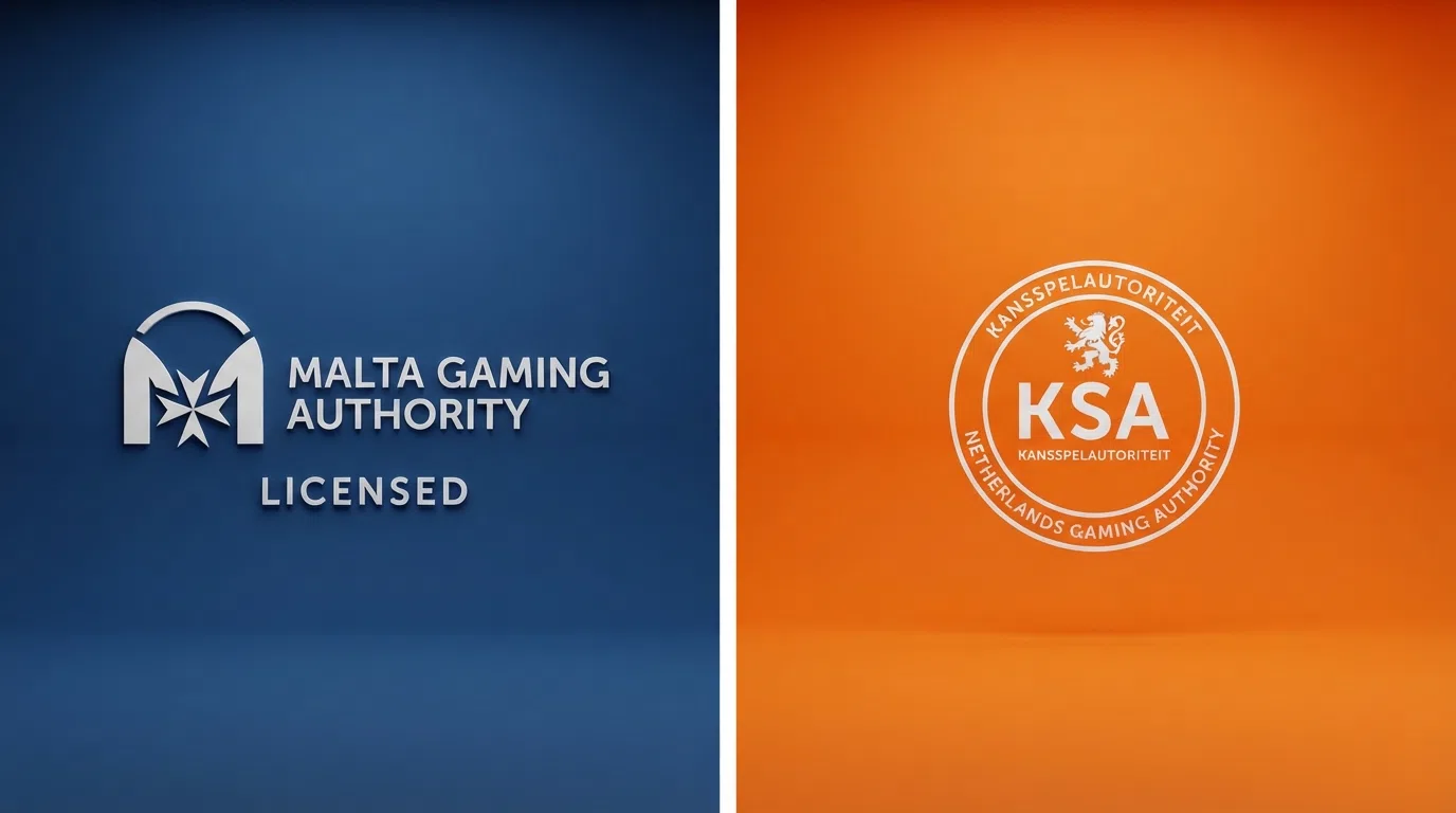 Een gesplitst scherm: links het MGA-logo met “Malta Gaming Authority”, rechts het KSA-logo met “Kansspelautoriteit”, met ertussen een duidelijke scheidslijn