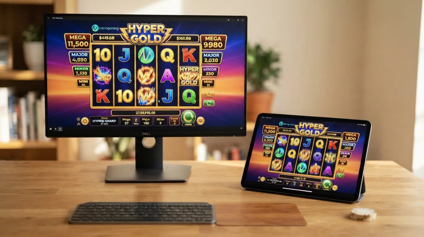 een raster van zes Microgaming-slots (Immortal Romance, Thunderstruck II, Mega Moolah, Phoenix Blaze, Jurassic World, Hyper Gold) op een desktop- en mobielscherm
