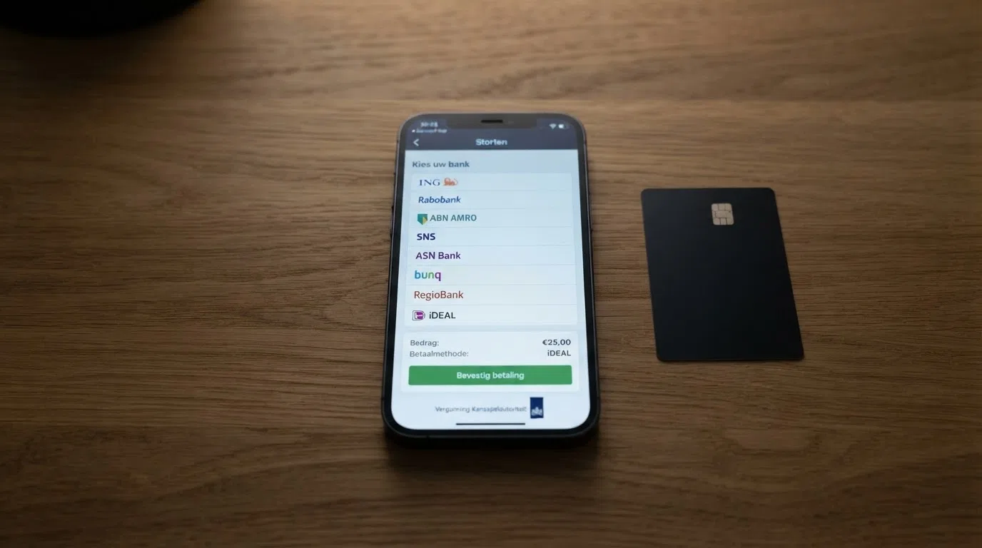 Een Nederlandse iPhone met een casino-app op het scherm, het iDEAL-betaalscherm open, met het KSA-keurmerk zichtbaar in de app-interface