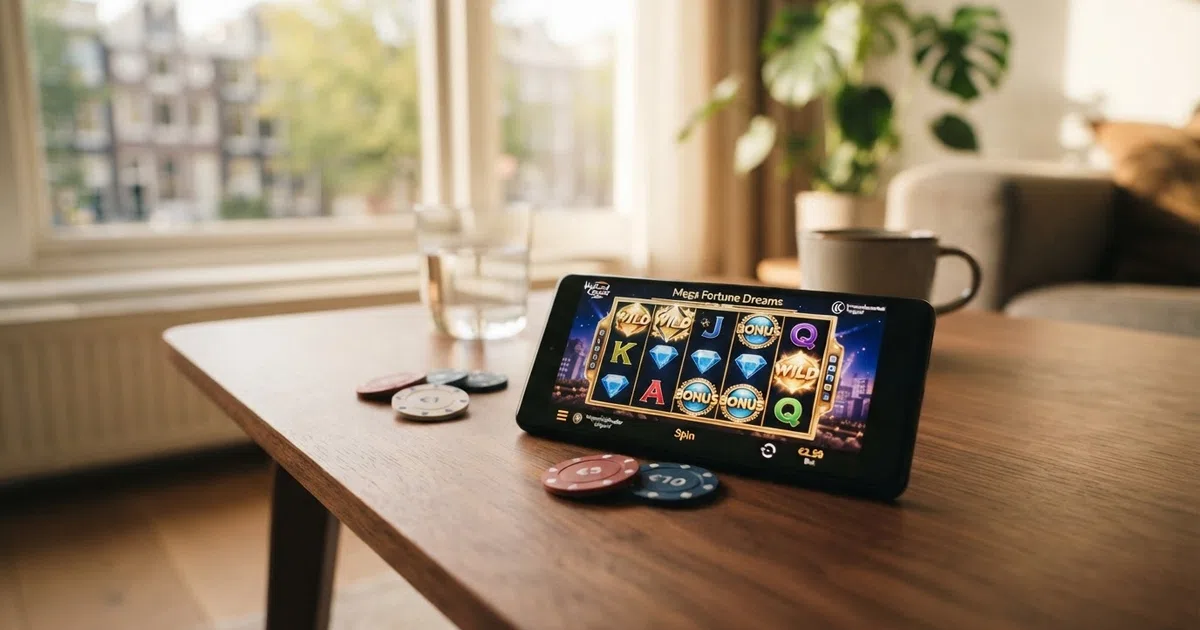 Een smartphone met een mobiel casino-spel op het scherm, met het KSA-logo zichtbaar als vertrouwenssignaal