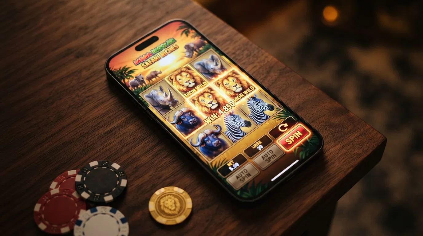 Een populaire gokkast (zoals Starburst of Book of Dead) in portretmodus op een moderne smartphone, met helder scherm en touch-bediening