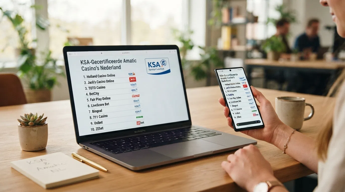 Tien casino-logo's in een rij met een KSA-keurmerk icoon bij de vijf operators met bevestigde nieuwe vergunning
