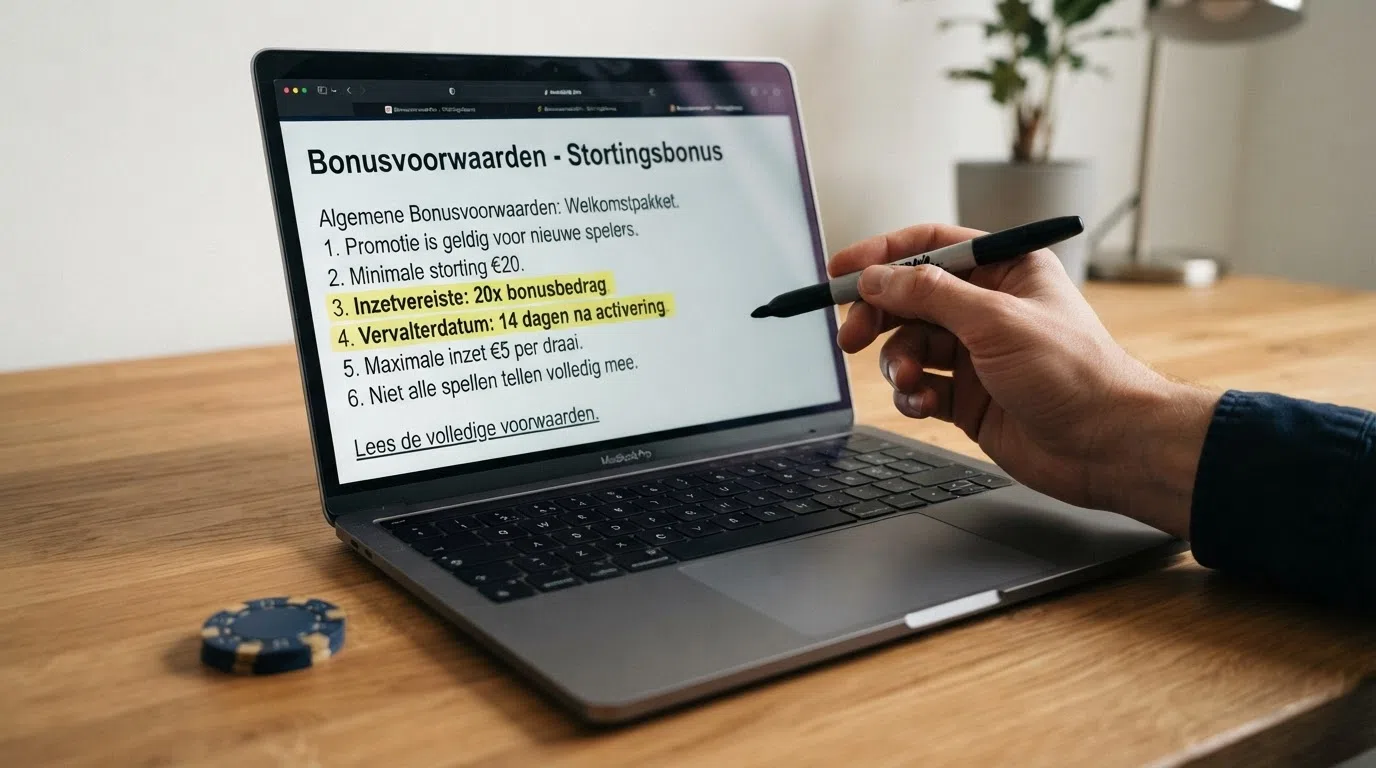 Een uitvergroot bonusvoorwaarden-scherm met een markeerstift die de inzetvereiste (20x) en de vervaldatum aanstreept