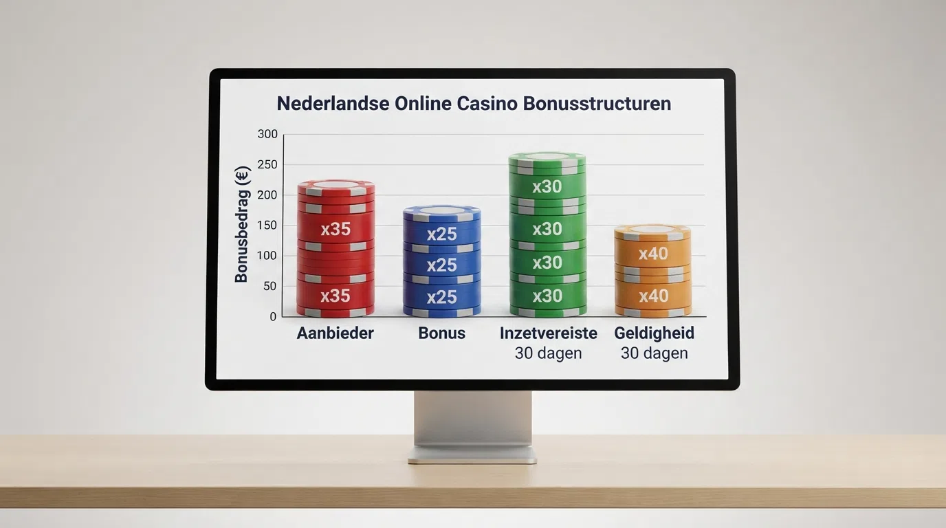 Een overzichtelijke vergelijkingstabel met casino-logo's en de bijbehorende bonusvoorwaarden op een beeldscherm