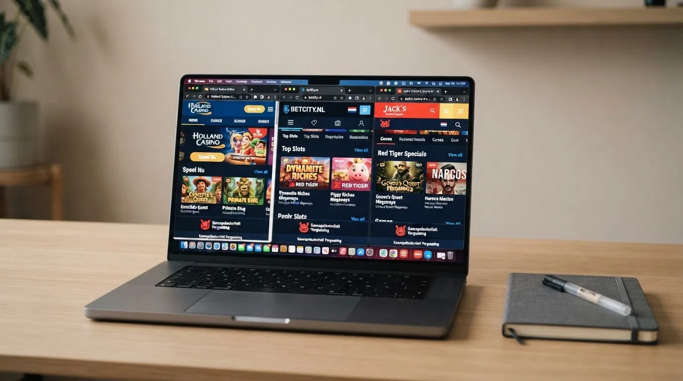 Drie Nederlandse online casino-startpagina's naast elkaar op een laptopscherm, met Red Tiger Gaming-slots in de featured sectie