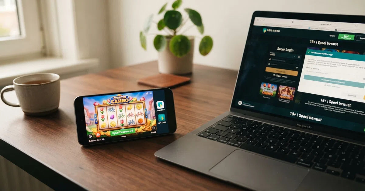 Een laptop met een Nederlands online casino op het scherm en een smartphone met bank-app ernaast — de twee stappen van iDIN-verificatie in beeld