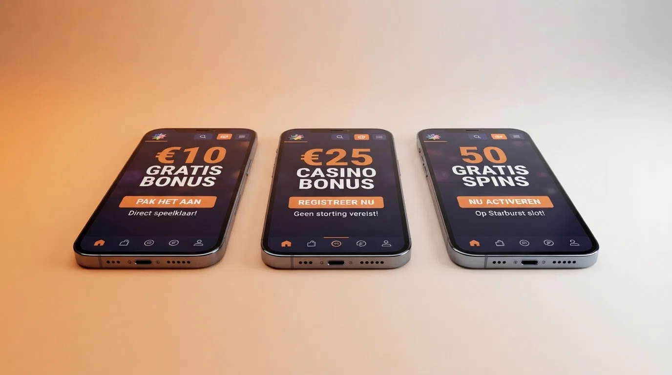 Drie online casino-schermen naast elkaar met hun registratiebonus zichtbaar