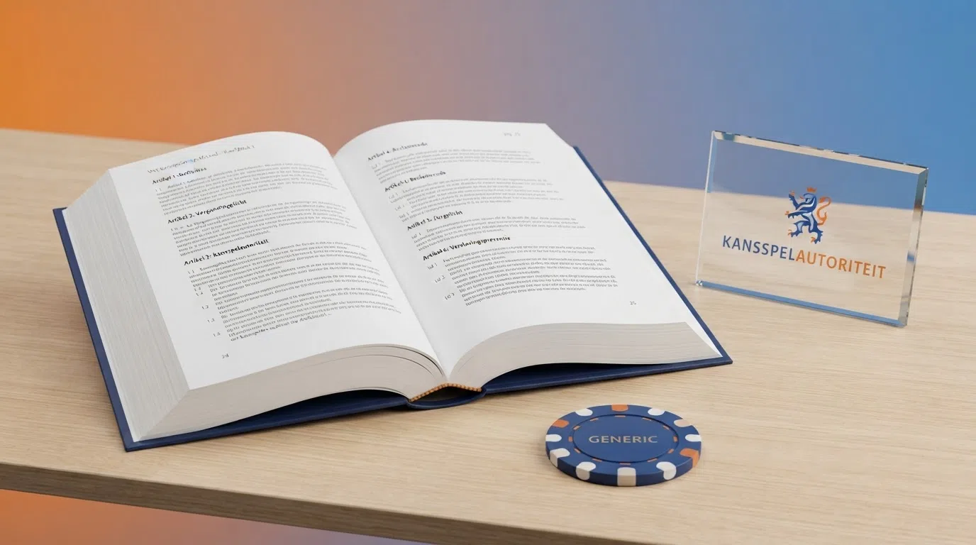 Het logo van de Kansspelautoriteit naast een geopend Nederlands wetboek met de titel “Wet Kansspelen op Afstand” zichtbaar