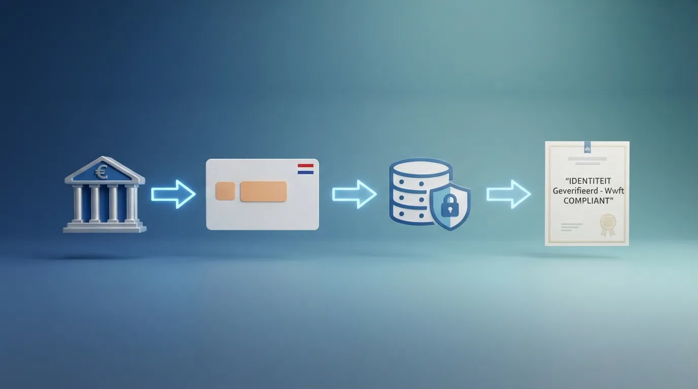 Een stroomschema van het Nederlandse ID-verificatieproces: iDIN-koppeling via bank → BSN-check → CRUKS-register raadpleging → Wwft-kopie — de vier stappen die elke KSA-vergunninghouder moet doorlopen