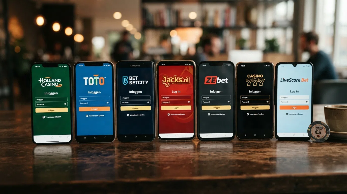 Een reeks telefoonschermen met daarop de inlogpagina's van verschillende KSA-legale online casino's