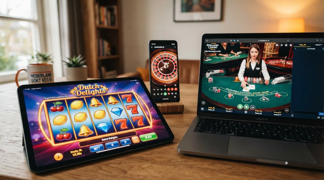 Een collage van drie spelcategorieën: een kleurrijke gokkast, een live-dealer blackjacktafel en een roulettewiel, met kleine providerlogo's van Evolution, Pragmatic Play en NetEnt eronder.