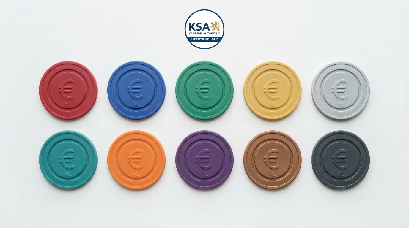 Een overzichtsfoto van tien Nederlandse casino-logo's in een raster, met het KSA-keurmerk centraal zichtbaar