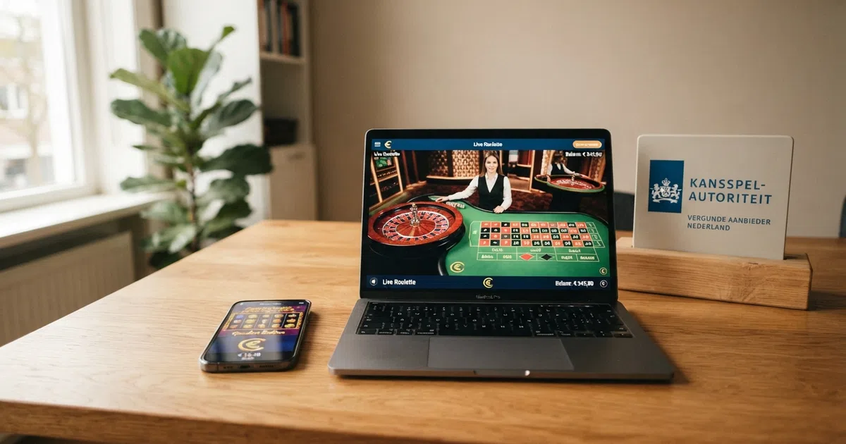 Een overzicht van het logo van de Kansspelautoriteit naast een smartphone en laptop met Nederlandse online casino-interface