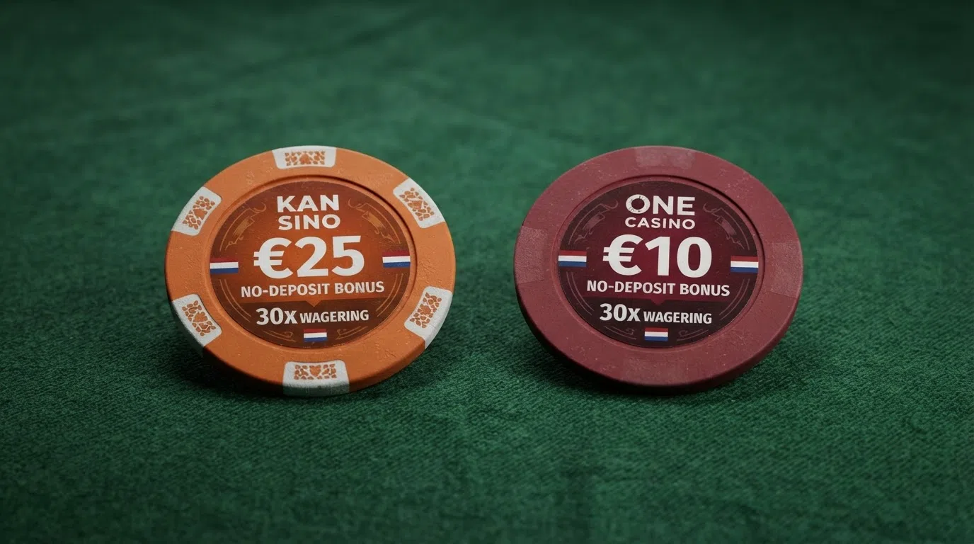 Twee Nederlandse casino bonuskaarten naast elkaar met bedragen, rondspeelvoorwaarden en geldigheidsduur uitgelicht