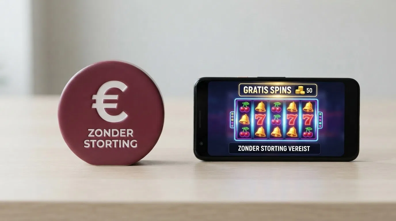 Een vergelijking van twee bonustegoeden: een no-deposit cashbedrag naast een stapel gratis spins, met de tekst 'zonder storting' uitgelicht
