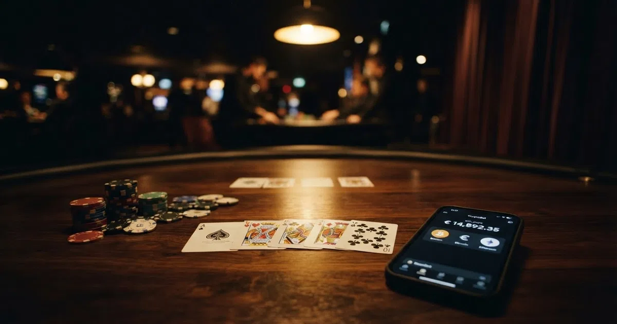 Een rij speelkaarten en casino-fiches op een donkere tafel met daarnaast een smartphone die een crypto-wallet toont — het beeld van anoniem online gokken