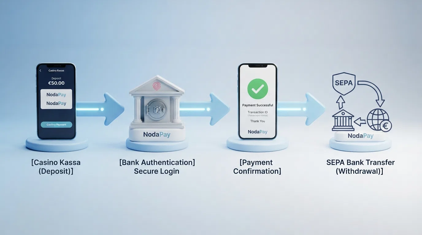 Een stroomschema dat het NodaPay-stortingsproces toont: casino-kassa, bankredirect, authenticatie, bevestiging