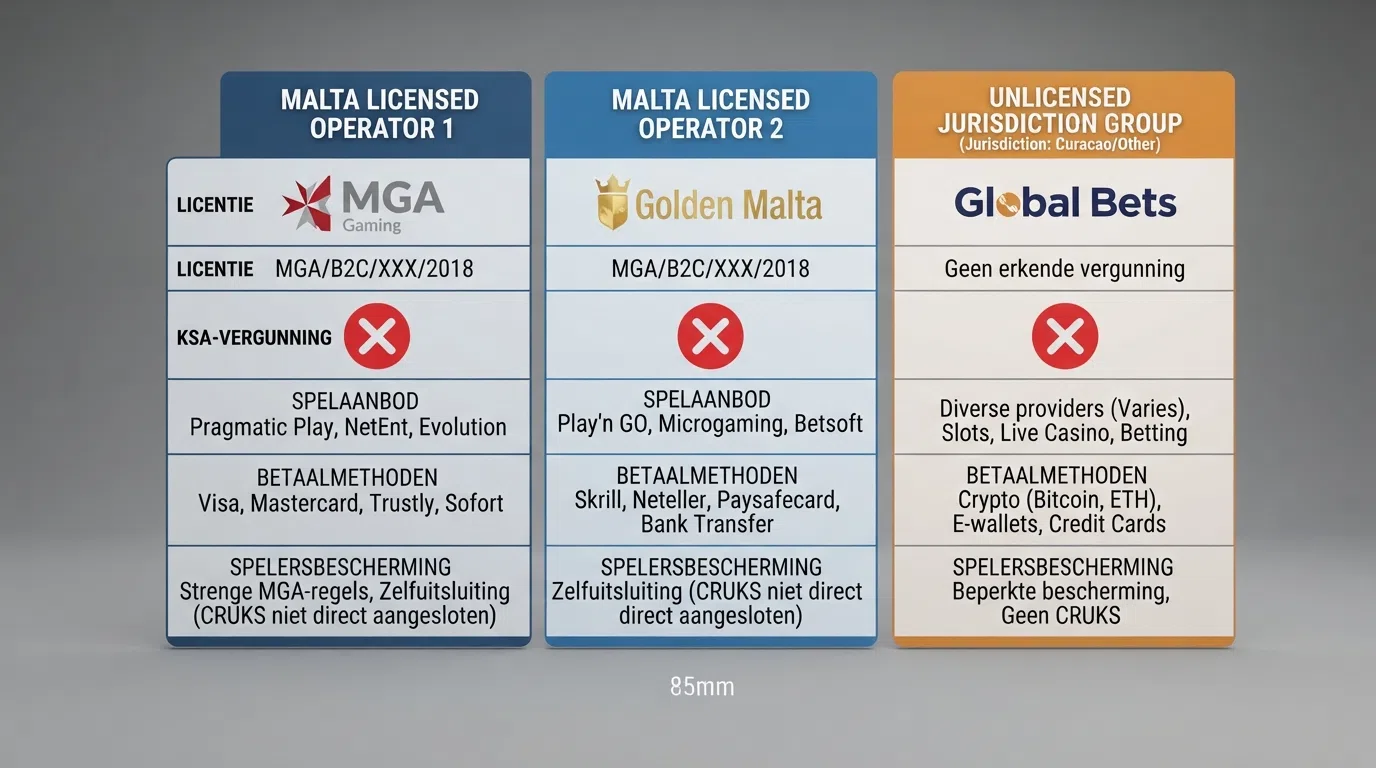 Drie kolommen met casino-kenmerken naast elkaar: licentie, spelaanbod en betaalmethoden, met bij elke kolom een rood kruis bij “KSA-vergunning”