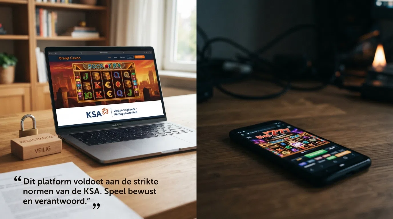 Een splitscreen: links een KSA-keurmerk met slotjes (CRUKS, iDIN, geschillenregeling), rechts een leeg vlak zonder bescherming