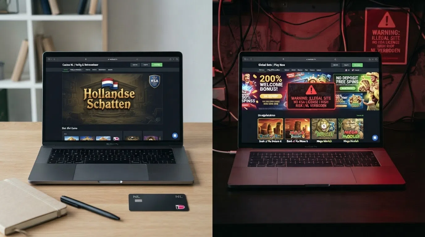Een afbeelding met twee kolommen: links een slot met het label “KSA-vergund (legaal)”, rechts een slot met het label “Geen vergunning (illegaal)” — een waarschuwingsicoon bij de rechterkolom.