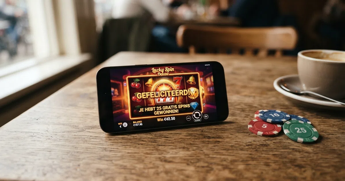 Een smartphone met een geopend online casino-spel op het scherm, met de tekst 'gratis spins' zichtbaar naast het logo van de Kansspelautoriteit