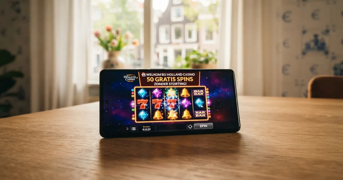 Een Nederlands online casino bonusscherm met free spins-aanbod en een slot op de achtergrond