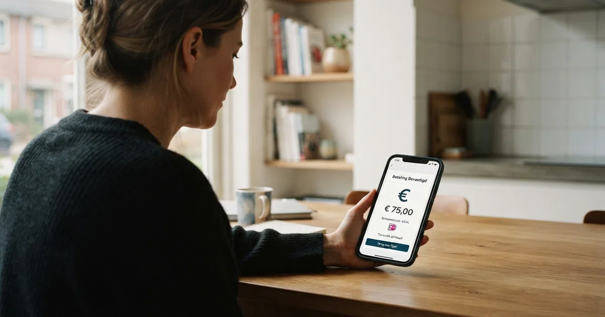 Een Nederlandse speler kijkt op zijn telefoon naar het betaalscherm van een online casino, met de logo's van iDEAL, Trustly en Klarna zichtbaar als betaalopties