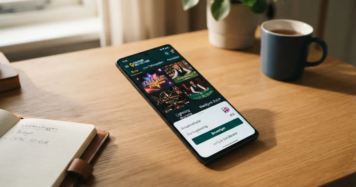 Een smartphone toont een online casino met de betaaloptie 'betalen via sms' in beeld op het scherm.