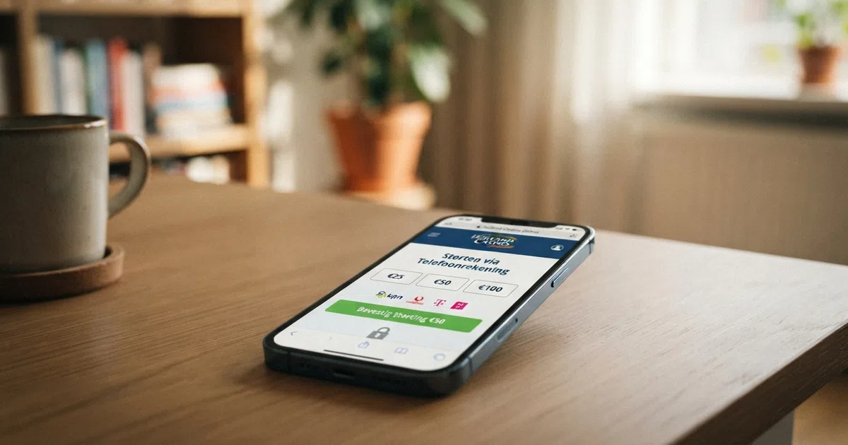 Een smartphone met daarop het stortingsscherm van een Nederlands online casino waarop 'betalen via telefoonrekening' als optie zichtbaar is, met de logo's van Boku en de telecomprovider ernaast.
