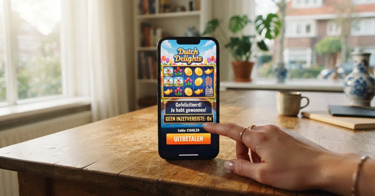 Een Nederlands online casino bonusscherm met de tekst “0x inzetvereiste” en een uitbetaalknop voor directe winst