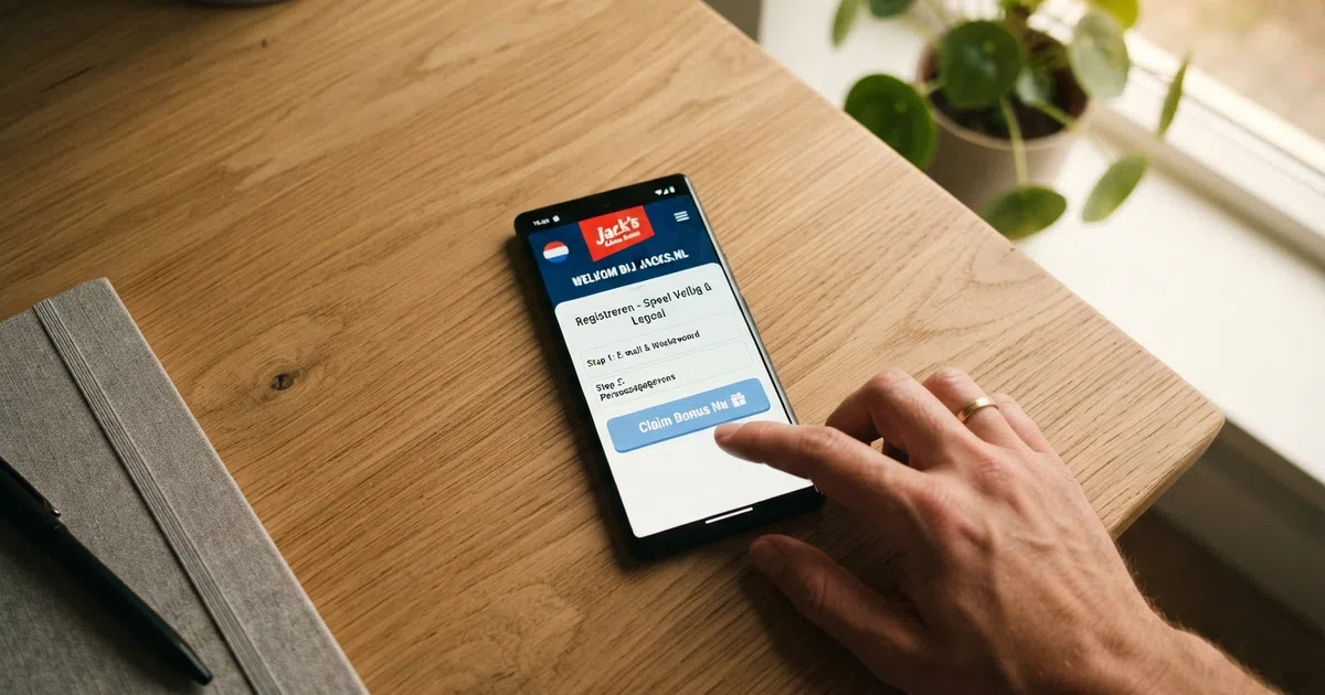 Een close-up van een smartphone met het registratiescherm van een Nederlands online casino waarop een direct-claimknop zichtbaar is in plaats van een bonuscode-veld