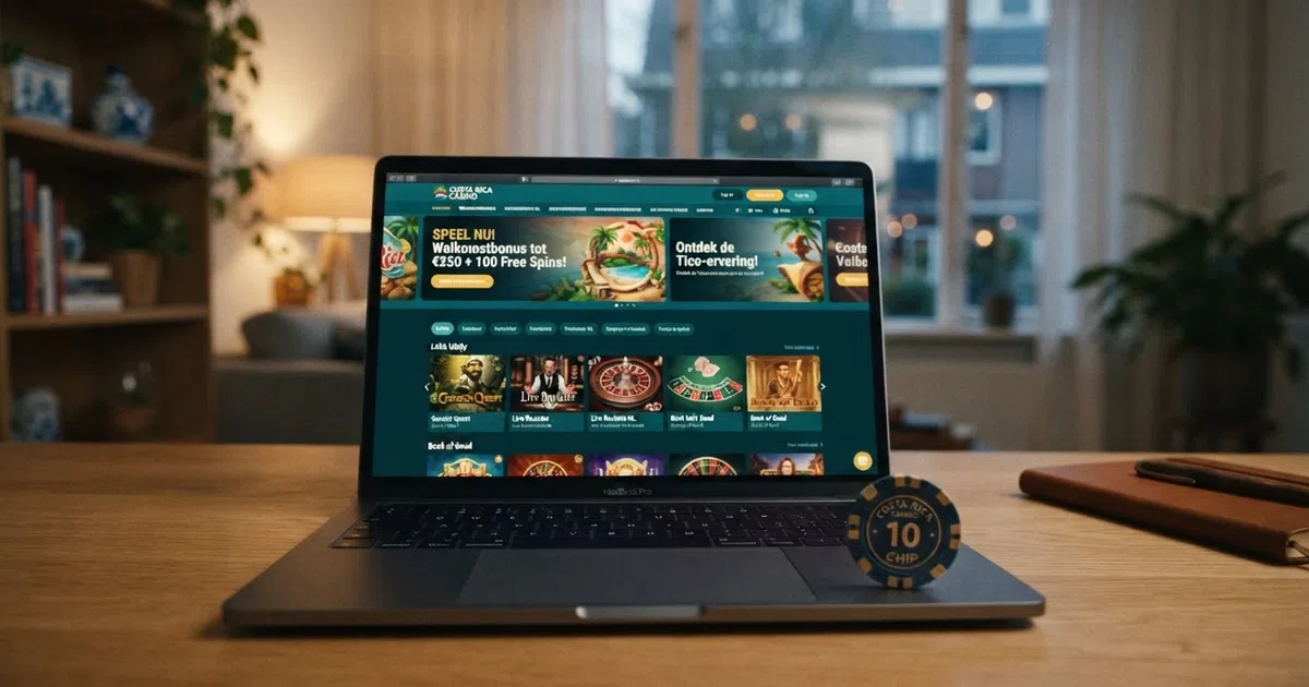 Een dashboard van een online casino op een laptopscreen met een Costa Ricaans thema en Nederlandse taalinterface